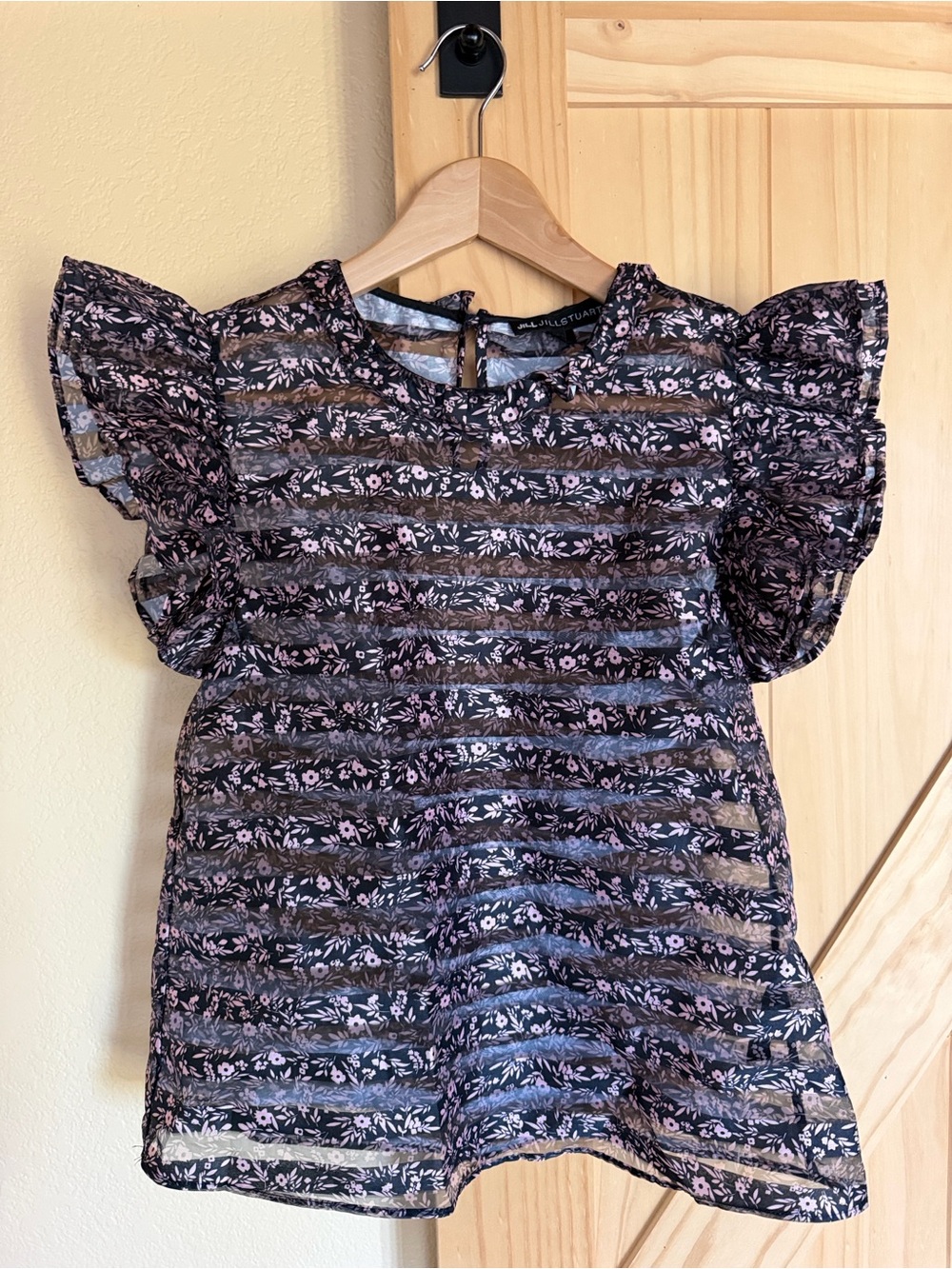Jill Stuart Black Floral Stripe Ruffle Sleeve Top